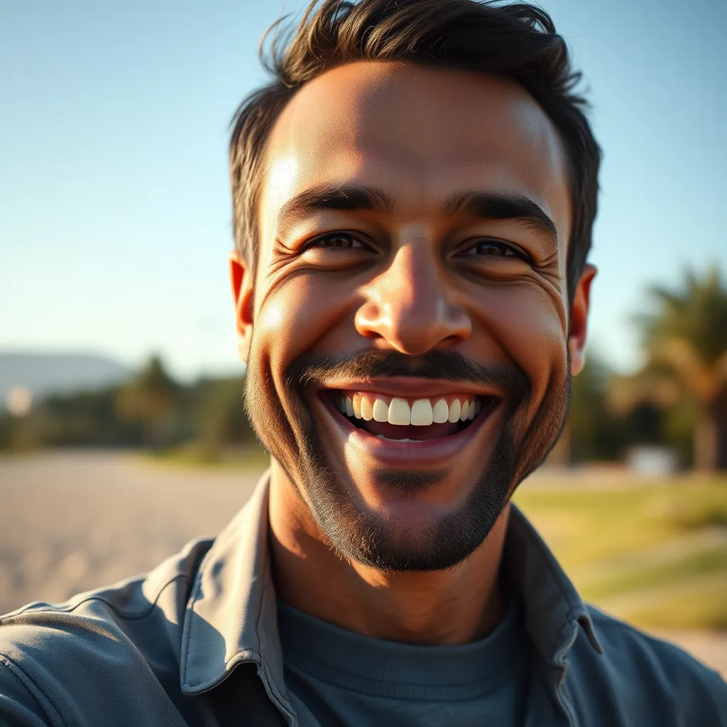 A portrait of a confident and happy man, radiating joy and vitality. The background should be a natural setting, such as a scenic park or a tranquil beach, symbolizing the positive impact of TESTOSIL on overall wellbeing.