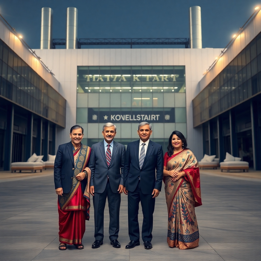 A portrait of the Kotak family, dressed in formal attire, standing in front of a large, modern textile factory building. The image should convey a sense of unity, tradition, and success in the textile industry.