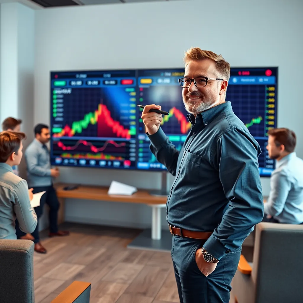 A professional and modern trading room, capturing the intensity and focus of a live trading session. A charismatic and experienced trader stands confidently in front of a large monitor displaying real-time market data. The trader is using a stylus on the monitor to highlight key indicators and explain trading strategies. In the background, other traders are observing, asking questions, and taking notes, creating an interactive and engaging environment. The lighting should be a mix of natural light and studio lighting, creating a bright and clear image. The monitor displays a range of vibrant colors, reflecting the dynamic nature of the markets. Render in 8K resolution, emphasizing the textures of the monitor, fabrics, and furniture. The overall image should be vibrant, detailed, and convey the excitement and opportunity associated with live trading sessions.
