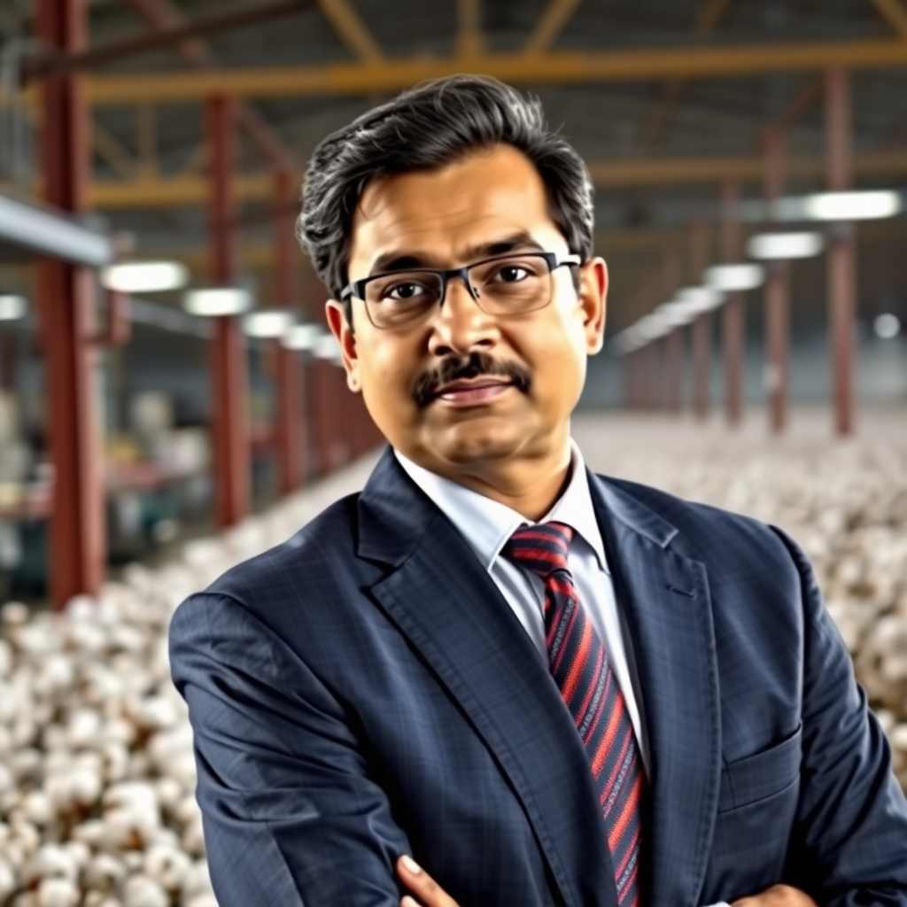 A professional portrait of Mr. Vinay Kotak, dressed in a suit, standing confidently against a backdrop of a textile factory or a cotton field. He should be looking directly at the camera with a determined expression, conveying his leadership and expertise in the textile industry. The image should be well-lit and sharp, emphasizing his professional stature.