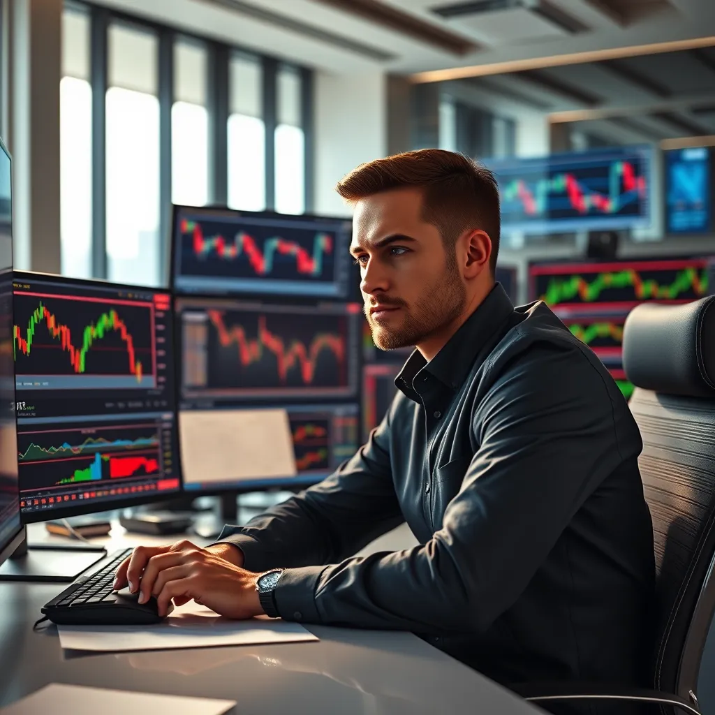 A professional trader sitting at a desk in front of multiple monitors displaying stock charts and technical indicators. The trader is focused and confident, with a hand resting on a mouse, indicating active analysis and decision-making. The background is a sleek and modern office, with natural light streaming in through large windows. The overall atmosphere conveys expertise, precision, and success.