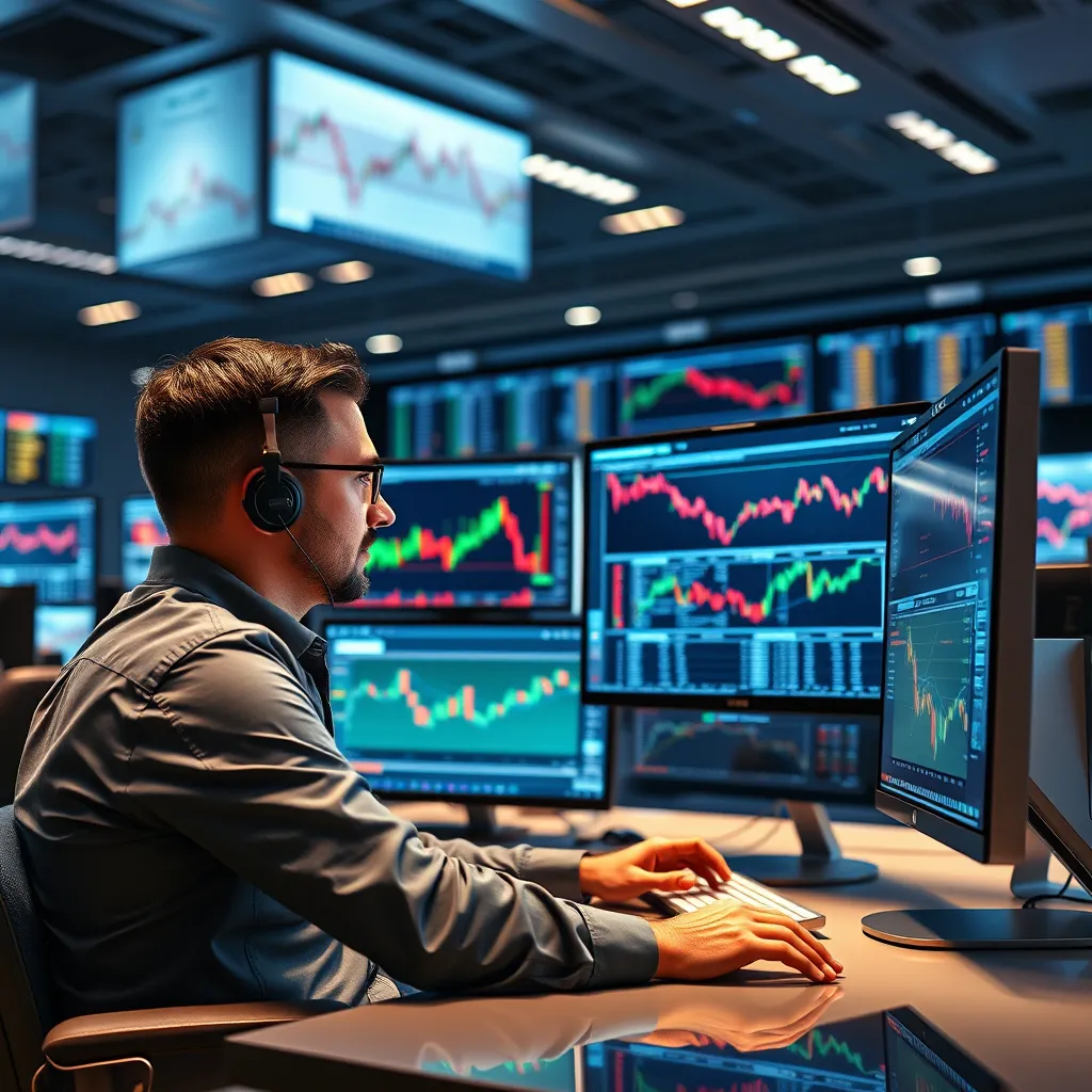 A professional trader sitting at a computer screen with multiple monitors displaying stock charts and financial data, while a virtual assistant guides them through various trading strategies. The background should be a modern trading floor with a sleek and professional ambiance.