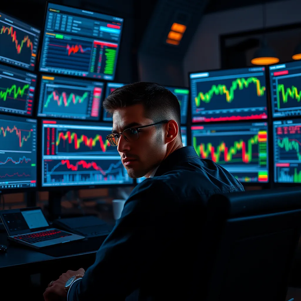 A professional trader sitting in front of multiple computer screens, actively monitoring live market data. The screens display various charts with real-time price movements and trade orders. The trader is focused and confidently executing trades based on market structure analysis.