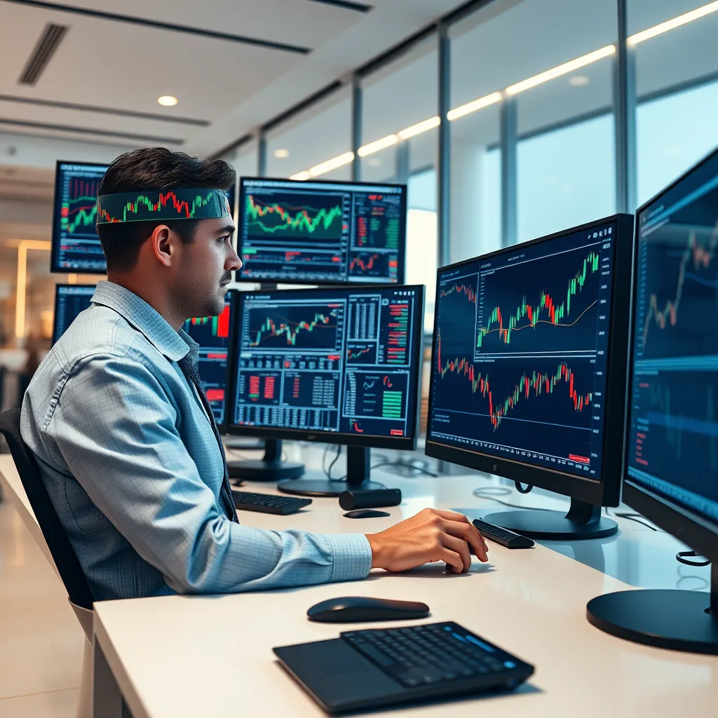 A professional trader sitting in front of multiple computer screens displaying various charts and market data. The trader is intently looking at the charts and using a mouse to analyze the data. The background is a modern office with a sleek and minimalist design, creating a sense of professionalism and focus.