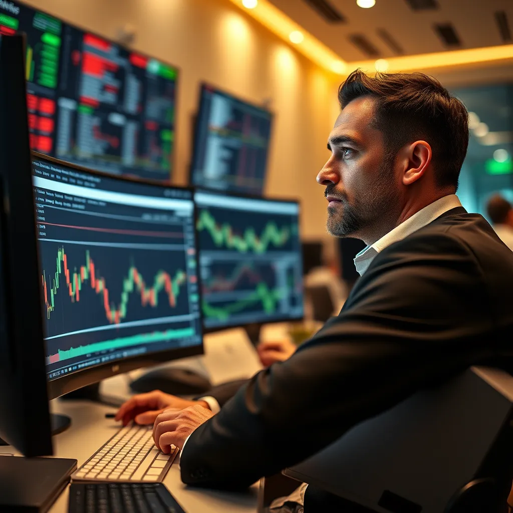 A professional trader sitting at a computer screen, analyzing stock charts and graphs, with a focus on intraday price movements. The background should be a modern trading room with multiple monitors displaying financial data. The trader should have a confident and focused expression, highlighting their expertise in intraday trading strategies.