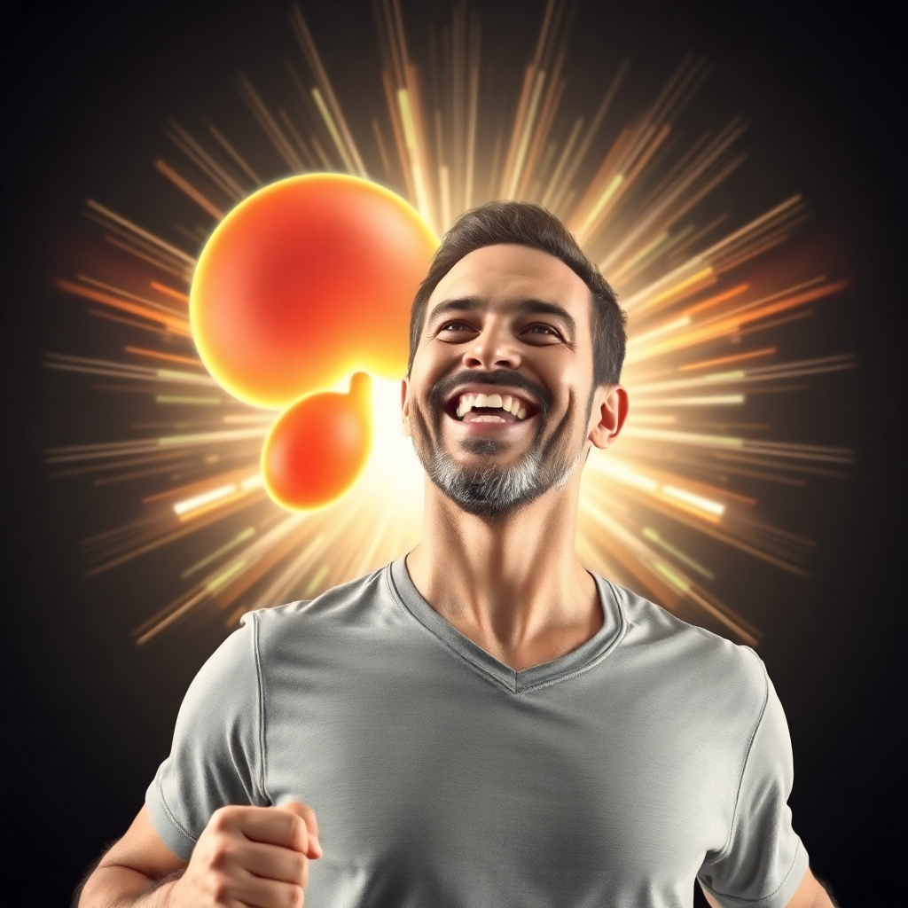 A realistic illustration depicting a man feeling confident and energetic. The image should show a healthy prostate gland in the background, radiating positive energy and vitality. The man should be smiling and engaged in a physically active activity, demonstrating the benefits of healthy prostate function.