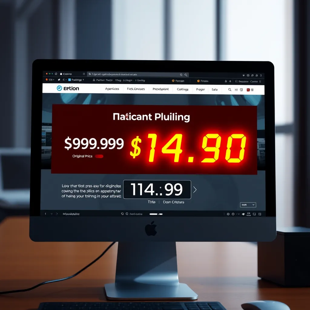 A realistic image of a computer screen displaying a website with a prominent banner showcasing the plugin's original price of $99.90 crossed out and a new price of $14.90 highlighted with a bright, eye-catching color. The banner should have a timer counting down to the end of the offer, creating a sense of urgency. The background should depict a modern, minimalist website design.