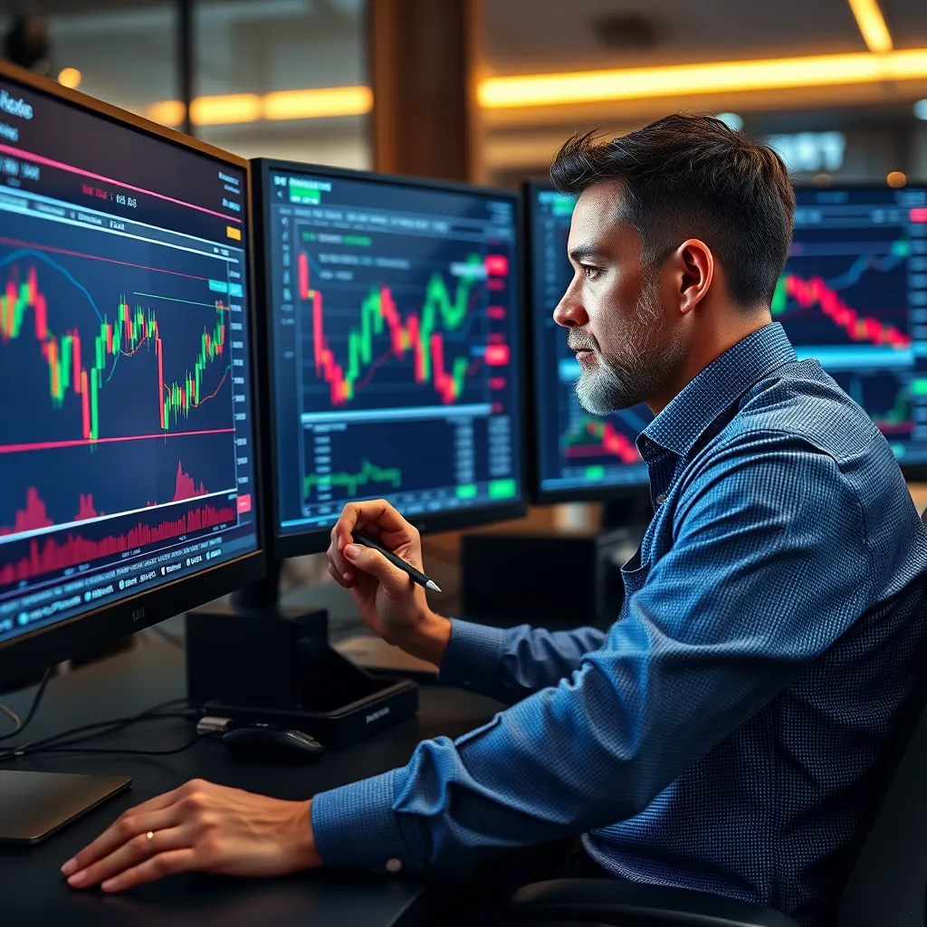 A realistic image of a trader sitting in front of multiple computer screens displaying stock charts. The trader is using a pen to annotate a key point on one of the charts, which shows a price cycle reaching a turning point. The screens should display different financial instruments, creating a dynamic and engaging visual.  The image should have a professional and sophisticated aesthetic.