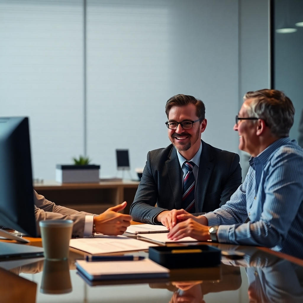 A scene depicting a KGPL representative engaging in a productive meeting with a client. The image should convey professionalism, trust, and a collaborative spirit. Include elements like a desk, documents, and a friendly conversation, highlighting the importance of personalized customer interactions.