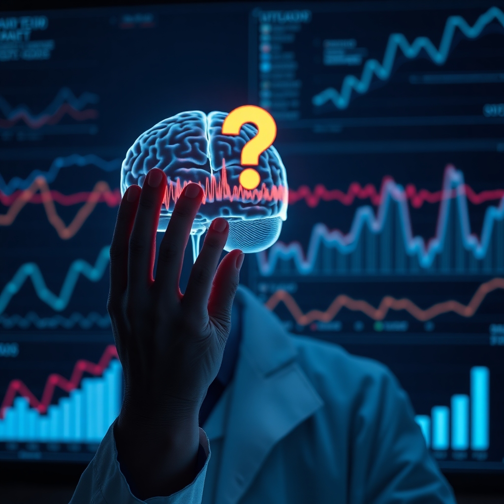 A scientist examining a brain scan with prominent theta wave activity.  The background features graphs and charts representing data, but with a question mark over them, implying uncertainty and lack of conclusive evidence.