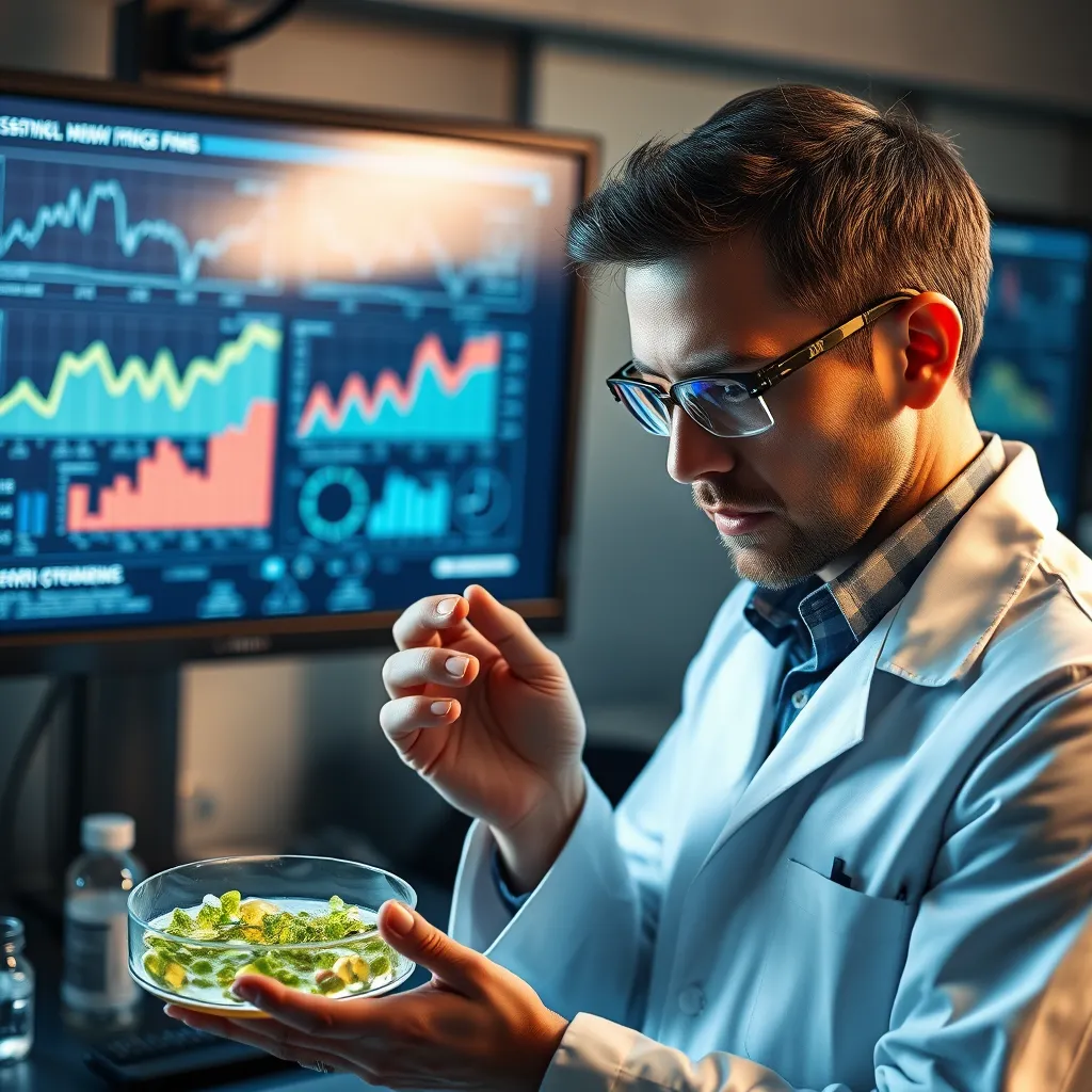 A scientist in a lab coat examining a petri dish with TESTOSIL ingredients, with a screen in the background showing scientific graphs and data that support the effectiveness of TESTOSIL. The image should convey a sense of scientific rigor and credibility.