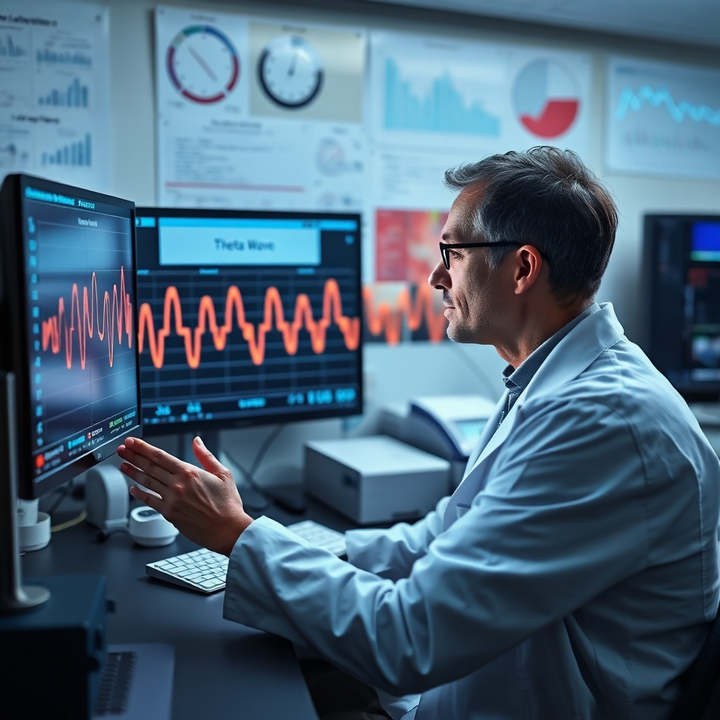 A scientist wearing a lab coat is examining a computer screen displaying brainwaves, focusing on the theta wave pattern. In the background, there are medical instruments, charts, and graphs related to brain activity. The scientist is looking at a graph indicating a strong theta wave frequency, signifying the effectiveness of the program.