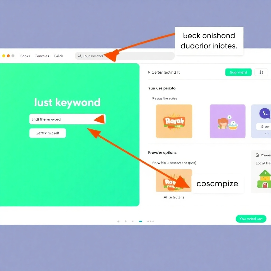 A screenshot of the Kids Book AI dashboard, highlighting its clean design and user-friendly interface. Arrows and callouts emphasize key features such as keyword input, customization options, and preview functionality. The image is clean and professional, conveying ease of use.