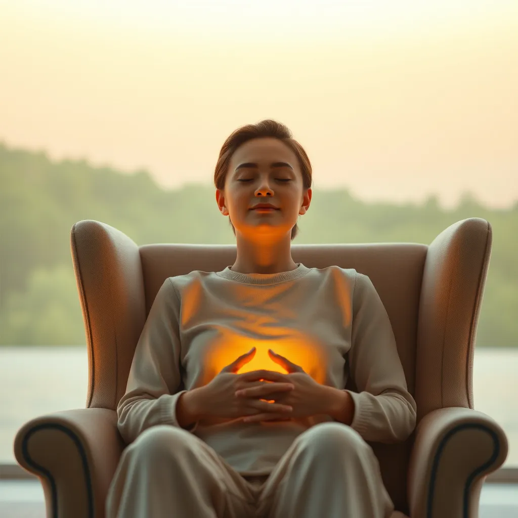 A serene and calming image of a person sitting in a comfortable armchair, surrounded by soft, warm lighting. The person's eyes are closed, their face relaxed and peaceful. Their hands are gently placed on their lap, radiating a soft, golden glow.  The background is a minimalist, tranquil scene of nature - perhaps a lush green forest or a serene beach at sunset. Soft, pastel colors like lavender, sage, and cream create a soothing atmosphere. Rendered in 8K resolution with a hyperrealistic, cinematic style,  capture the tranquility and serenity of NeuroQuiet's stress-reducing effects.  Style references: Claude Monet, Gustav Klimt, the film "The Secret Garden".