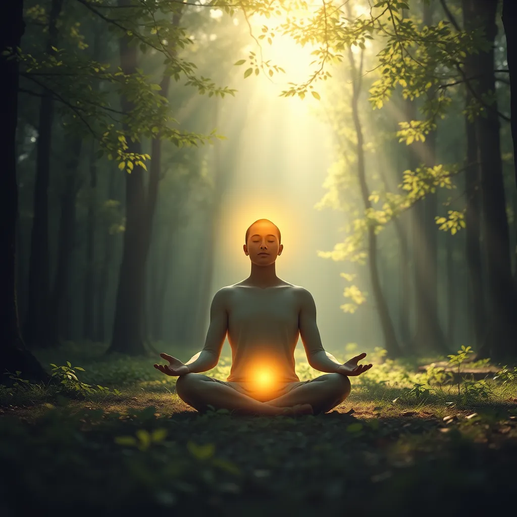 A serene and calming image of a person meditating in a tranquil forest setting. The person is surrounded by a soft, golden light that seems to emanate from the pineal gland in their brain. The forest is lush and vibrant, with sunlight filtering through the trees and illuminating the leaves. The atmosphere is peaceful and tranquil, inviting viewers to experience a sense of deep relaxation and inner peace. The image is rendered in a photorealistic style, with realistic textures and lighting.  The colors are muted and calming, with shades of green, blue, and brown. The image is framed from a slightly elevated angle, allowing for a sense of perspective and immersion. 8K resolution, hyperrealistic, ultra-detailed.