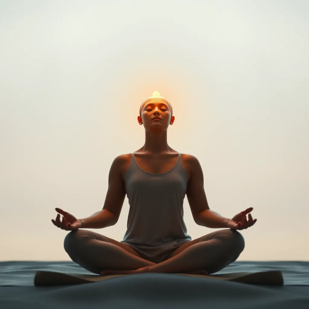 A serene and minimalist image of a person practicing mindfulness, sitting in a lotus position with their eyes closed.  A glowing, cashew-shaped object representing the pineal gland sits above their head, emitting gentle light and a calming aura.  The background could be a soft, blurred image of a tranquil natural environment.
