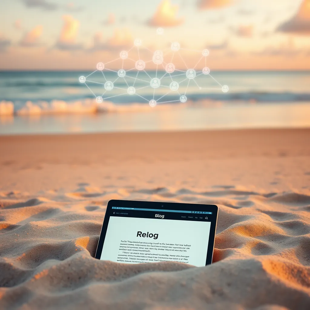 A serene beach scene with a laptop on the sand, open to a blog post. In the background, a virtual network of interconnected users represents the referral system quietly working in the background, attracting new visitors to the blog.