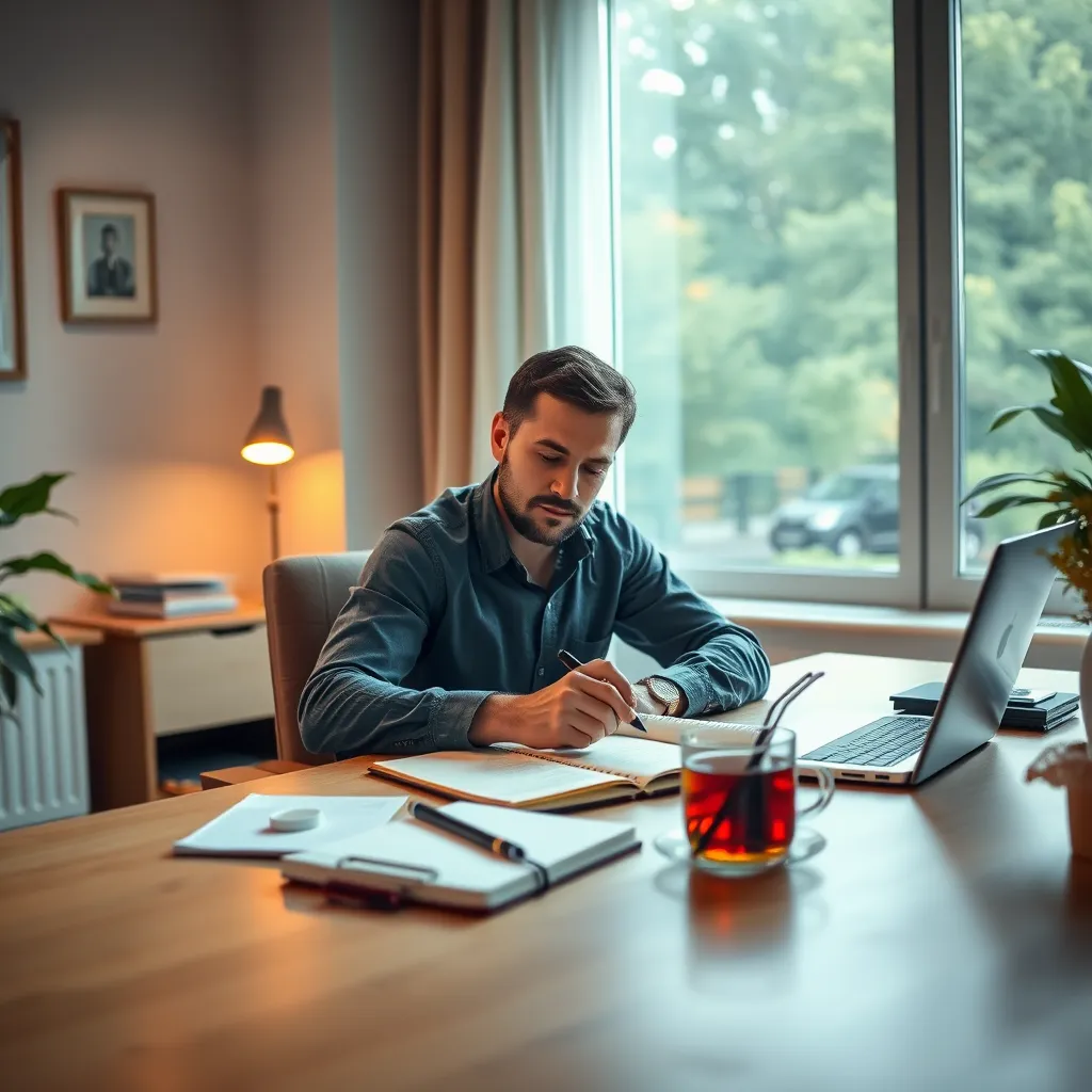 A serene image of a tranquil workspace, with soft natural light filtering through a window. A trader sits calmly at a desk, reviewing a trading journal with a thoughtful expression. The desk is tidy and organized, with a laptop, a notebook, and a cup of tea, suggesting a calm and focused environment. The image should convey a sense of peace and control, highlighting the importance of discipline and mindfulness in trading. Use a soft color palette, with warm tones and muted greens, to create a soothing and calming atmosphere. Focus on the textures of the desk, the notebook, and the trader's hands, creating a sense of serenity and composure. The background should be subtly blurred, with the natural light illuminating the scene and creating a soft, diffused glow.