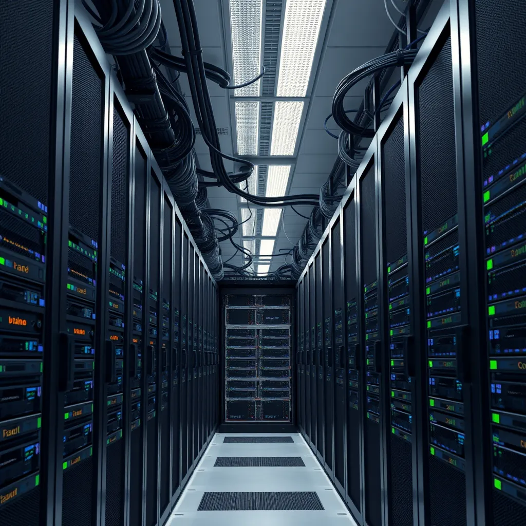 A server room with rows of servers and network equipment, showcasing the robust and scalable infrastructure behind Google-optimized NVMe SSD cloud hosting. The image should be clean and professional, highlighting the reliability and security of the technology. Focus on the intricate network connections and high-density server racks, conveying a sense of power and stability.