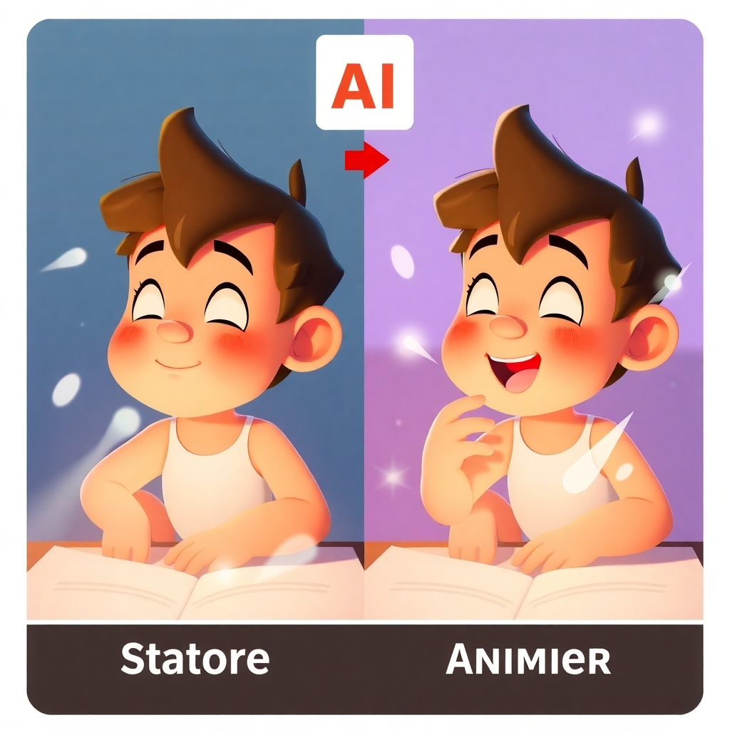 A side-by-side comparison of a static image and its animated counterpart, showcasing the transformation brought about by Kids Book AI. Dynamic lighting. 4K resolution.