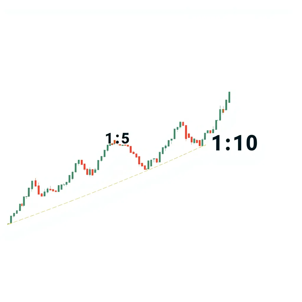 A simple, clean illustration of a stock market chart with a specific trade setup.  The chart shows a price movement with a defined entry point, stop-loss level, and target price.  The numbers 1:5 and 1:10 are prominently displayed on the chart, signifying the favorable risk-reward ratios achievable with this strategy.  The background of the image should be light and airy, representing a positive and successful outcome.