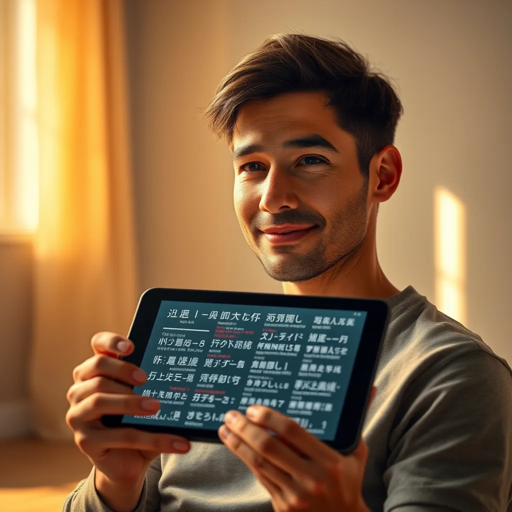 A single, highly detailed virtual human, a man with a kind face and intelligent eyes, sitting in a serene, minimalist room. He is wearing casual clothing and holding a tablet device, which displays text in various languages. The room is flooded with warm, natural light, creating a sense of calmness and focus. The lighting emphasizes the intricate details of his features, capturing the subtle expressions in his eyes and the texture of his skin. The tablet screen should be clear and readable, showcasing the text in multiple languages. Render in 8K resolution with hyperrealistic details, focusing on the lifelike texture of his skin, the clarity of his eyes, and the realistic portrayal of the tablet device. The overall mood should be calm and contemplative, highlighting the power and versatility of language translation.