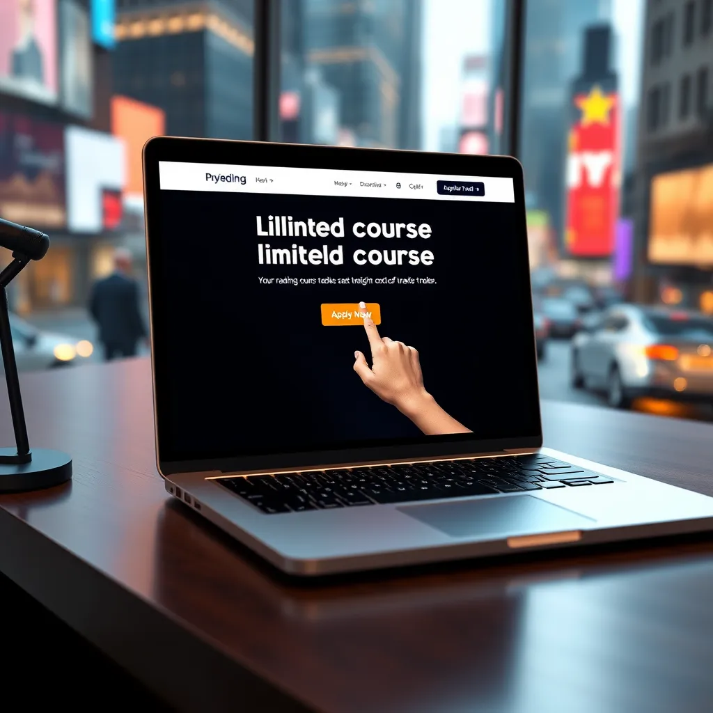 A single, stylish desk with a laptop open to a website registration page for the trading course. The screen displays a bold headline about limited seats and an image of a hand tapping the 'Apply Now' button. The background is a blurred image of a bustling financial district, symbolizing the high-stakes nature of trading.