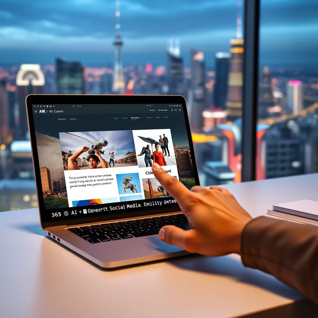 A sleek, minimalist workspace with a laptop showing AI-generated content for a blog post, social media, and email marketing. A hand is reaching out to click on a button labeled "Generate Content". The background features a colorful cityscape.