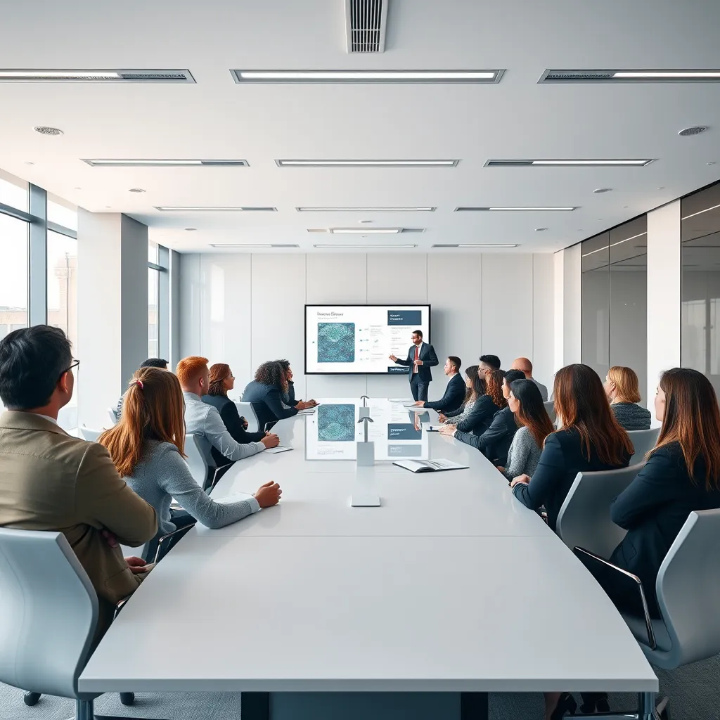 A sleek, modern conference room with a large table and chairs, where a group of diverse individuals dressed in business attire are intently listening to a speaker giving a presentation on a screen. The room is bright and airy, with natural light streaming through large windows. The atmosphere is one of focused learning and collaboration.