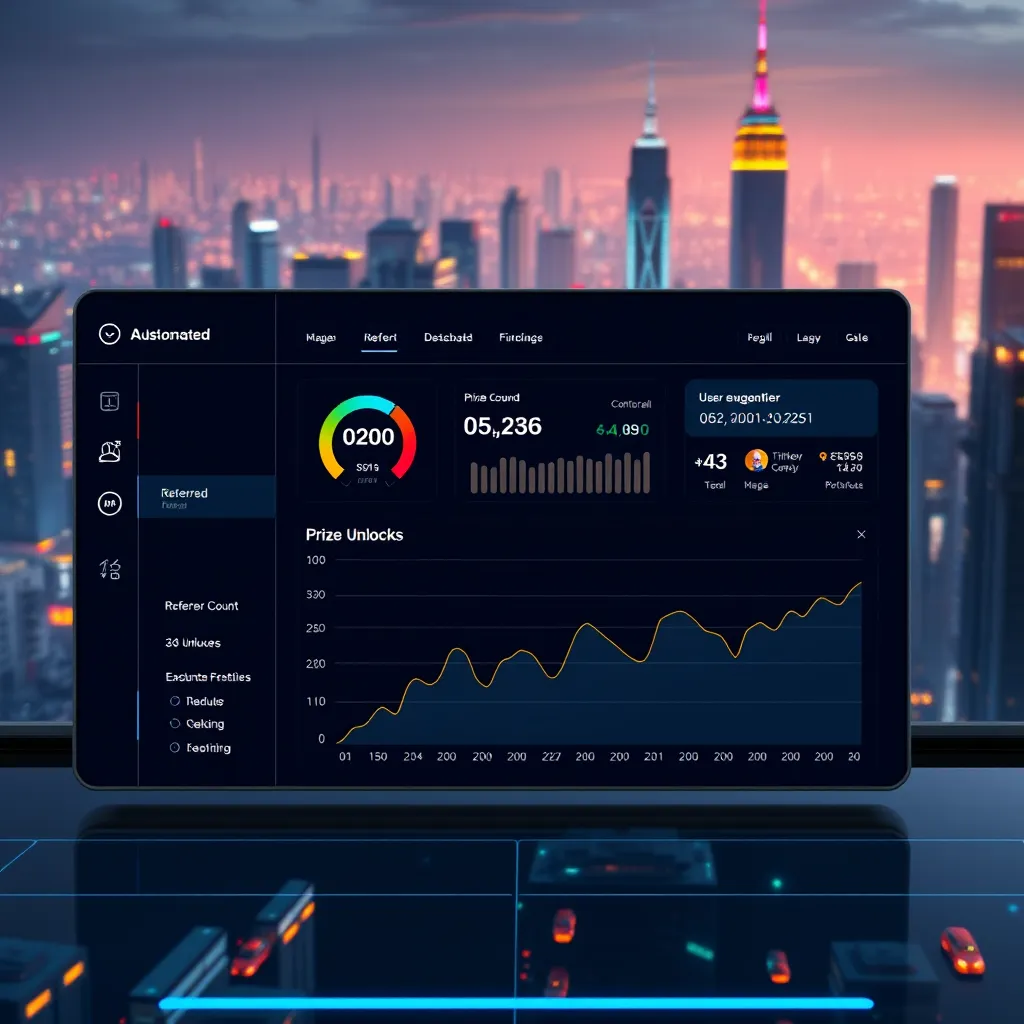 A sleek, modern dashboard interface showcasing the plugin's automated features. The dashboard should display key metrics like referral count, prize unlocks, and user engagement.  In the background, a futuristic cityscape with glowing skyscrapers represents the potential for growth and expansion.