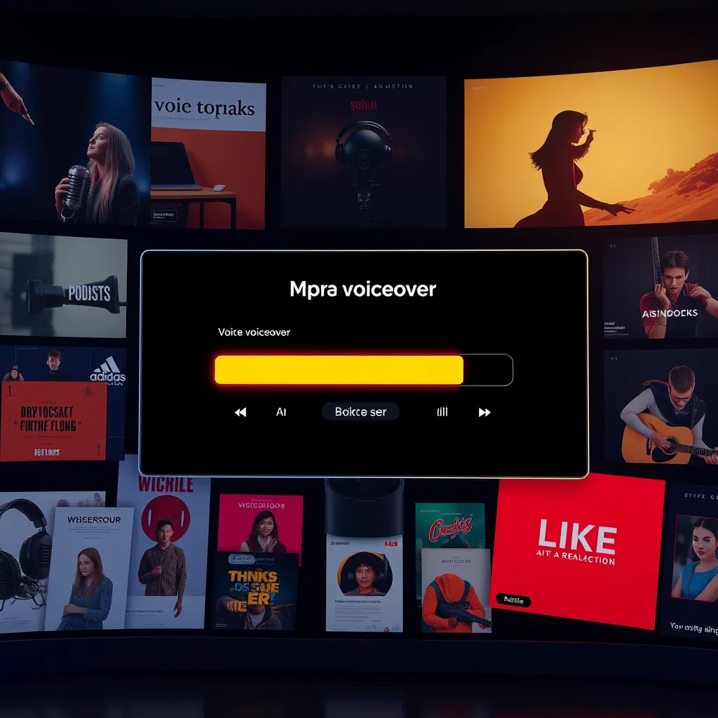 A sleek, modern interface with a progress bar showcasing the rapid creation of a voiceover.  Surrounding the interface are various content formats, including podcasts, audiobooks, and ads, signifying the diverse applications of AI voice cloning in content production.