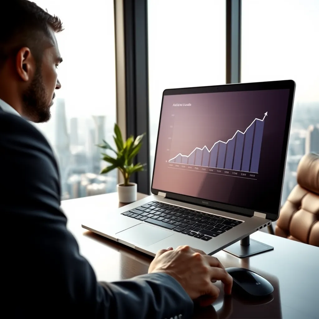 A sleek, modern office setting with panoramic city views. In the foreground, a businessman in a sharp suit is looking at a laptop screen, displaying a dynamic graph showing a spike in website traffic and leads. The laptop screen is subtly reflecting the city skyline, hinting at the global reach of AI client acquisition. The room is bathed in soft, natural light filtering through large windows. Subtle details like a minimalist desk with a wireless keyboard and mouse, a stylish leather chair, and a potted plant add to the professional, yet welcoming atmosphere. The image is hyperrealistic, capturing the fine textures of the businessman's suit, the laptop, and the office furnishings. The overall mood is confident and optimistic, reflecting the success and ease of AI client acquisition.  The camera angle is slightly elevated, emphasizing the panoramic city views and the businessman's focus on the laptop.
