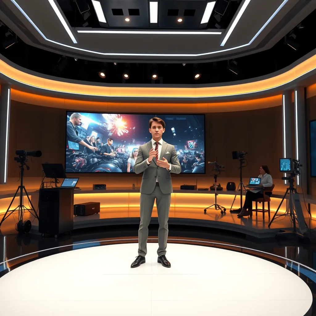 A sleek, modern studio setting with a virtual human presenter standing on a stage, delivering a captivating presentation. The screen behind them displays dynamic visuals, and a team of animators works behind the scenes, bringing the virtual human to life.