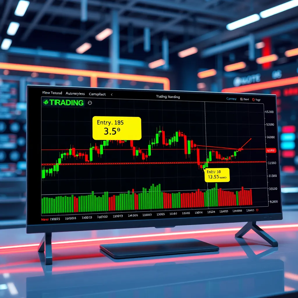 A sleek, modern trading platform with a live chart displaying a 3.5 trading setup. The chart has clear indicators and automatic markings highlighting the entry and exit points. The background shows a futuristic, data-driven environment, emphasizing the technology behind the automated marking system. The colors should be vibrant and engaging, emphasizing the efficiency and ease of use.