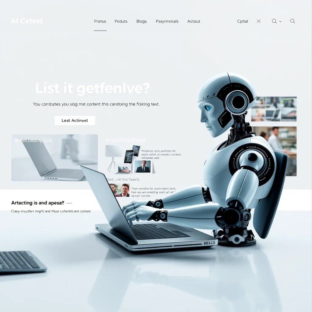 A sleek, modern website design with various sections showcasing different types of content, such as blog posts, product descriptions, and testimonials. In the background, an AI robot is working on a laptop, generating text and images for the website. The image should convey automation, efficiency, and high-quality content creation.