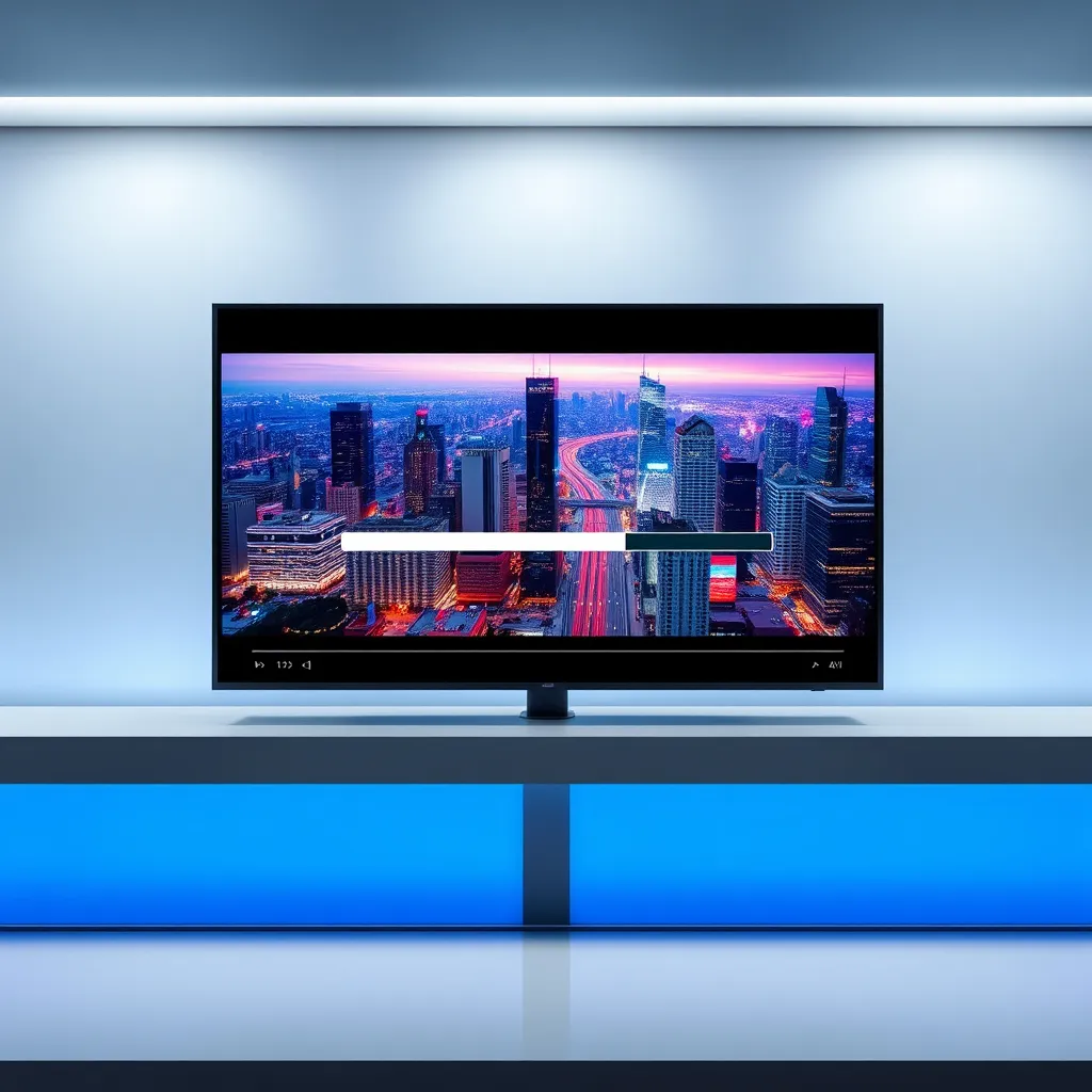 A sleek, modern website with a video player loading instantly, showcasing a vibrant cityscape backdrop. The screen should have a loading bar that is almost completely filled, emphasizing the fast loading speed. Use a color scheme that represents speed and efficiency, such as blue and white.