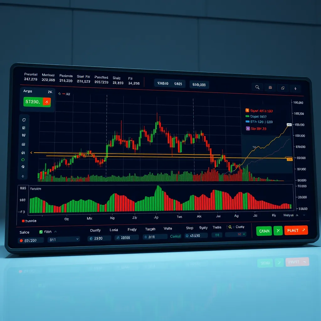 A sleek and modern trading dashboard with a live stock chart. The chart should show a highlighted area where a potential high-probability entry point is being identified, based on the market structure. The dashboard should include other relevant information, such as buy and sell orders, profit targets, and stop-loss levels, to emphasize the concept of risk management.