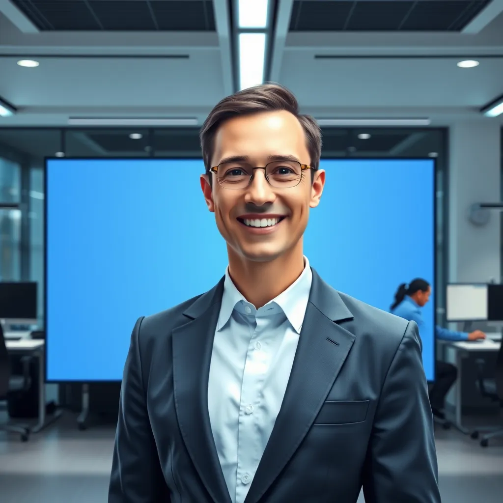 A sleek modern office setting with a large screen displaying an AI-generated human spokesperson. The spokesperson is dressed in a professional suit and is smiling warmly at the camera. Behind the spokesperson, a team of developers is working on their computers.