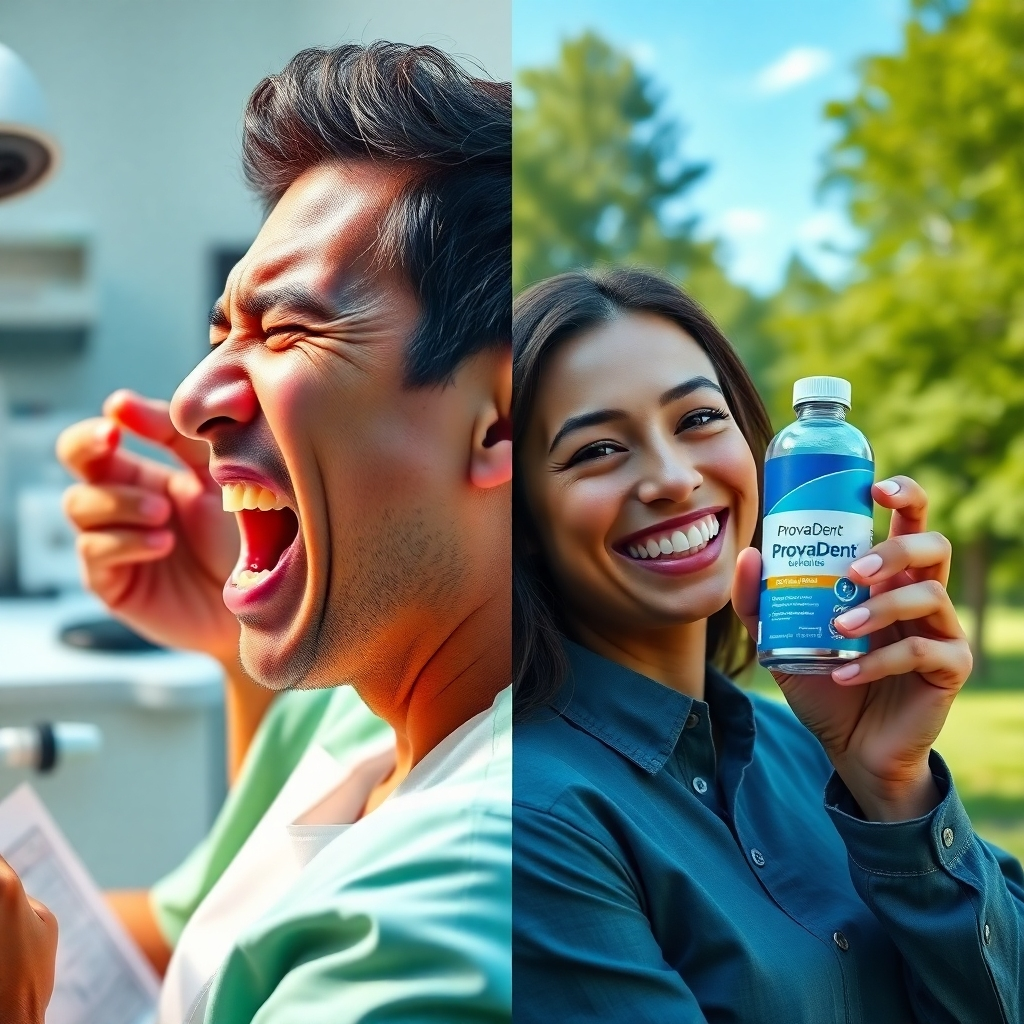 A split image: one side shows a person wincing in pain at the dentist, with large medical bills visible. The other side shows the same person smiling confidently, holding a bottle of ProvaDent against a backdrop of a lush green park, representing health and savings.