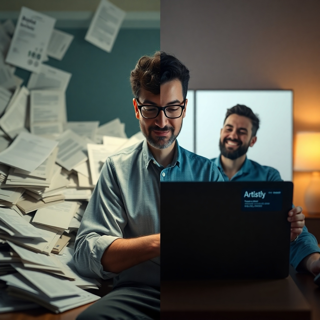 A split image. One side shows a person stressed, surrounded by overflowing paperwork and high design bills. The other side shows the same person relaxed, smiling, and working on a laptop with Artistly's interface displayed, surrounded by stunning designs. The background is consistent throughout.