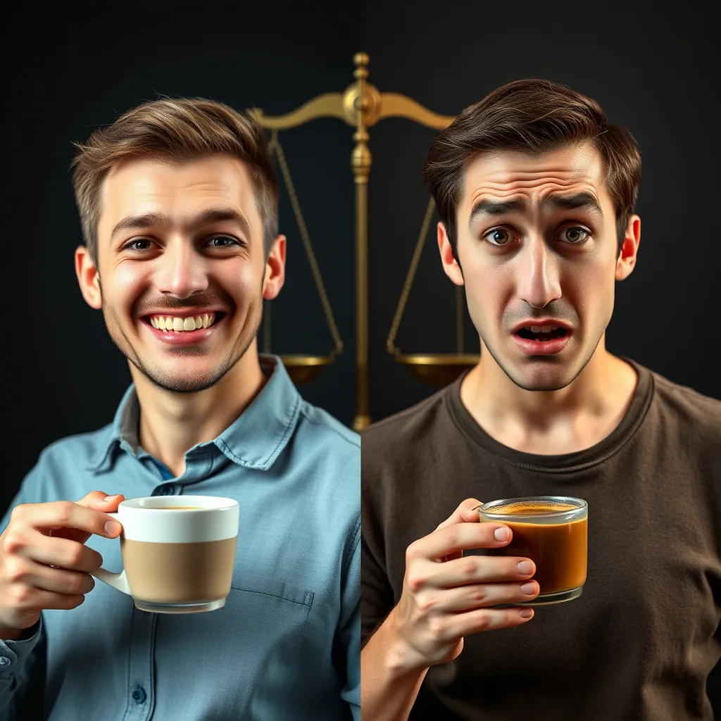 A split image showing two people: one person looking happy and confident, while the other appears disappointed and frustrated. Both are holding cups of coffee, symbolizing JavaBurn's potential effects. In the background, a scale with different weights illustrates the variation in individual outcomes.