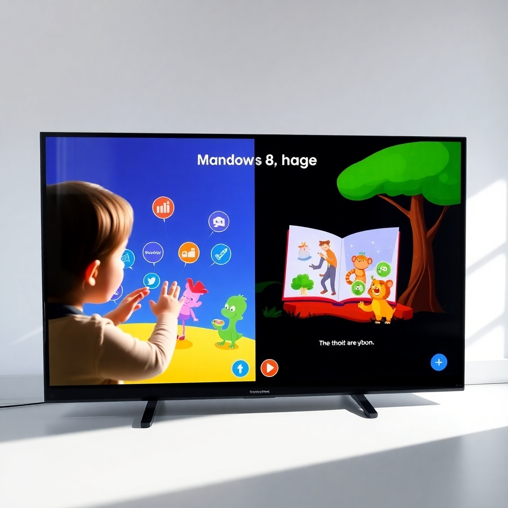 A split-screen display showing a user interacting with the Kids Book AI interface on one side, and the resulting animated storybook playing on the other. Clear, bright lighting. 4K resolution.