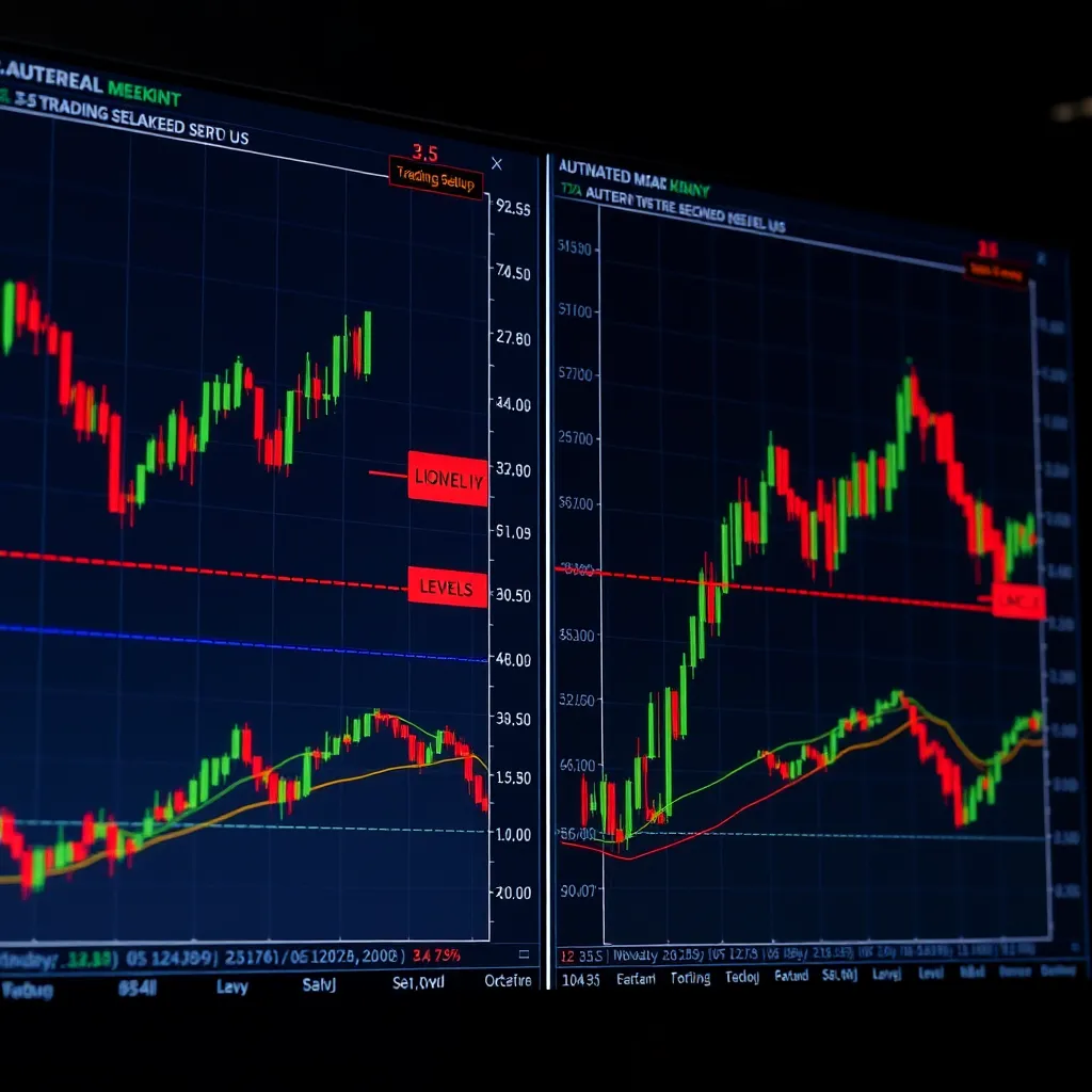  A split screen displaying two charts. The left chart shows a 3.5 trading setup with manually marked levels, while the right chart displays the same setup with levels automatically marked by the system. The difference in accuracy between the manual and automated marking should be clearly visible, emphasizing the precision of automated marking.