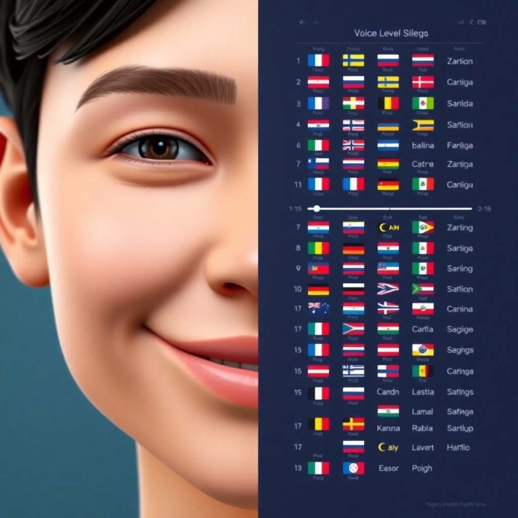 A split-screen image. On one side, a close-up of a smiling AI virtual human's face, lips slightly parted as if mid-speech. On the other, a sleek graphical interface shows a vast scrollable list of flags representing various countries and languages, with voice-level sliders for speed and pitch visible alongside each. The overall style is clean and modern.