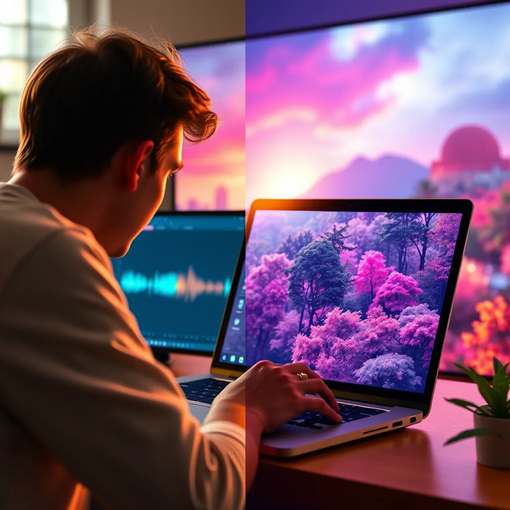 A split-screen image, with one side showcasing a person working on a laptop, focused on a recording software interface. The other side displays a vibrant, dynamic scene of the voiceover's subject matter. The scene could depict a bustling cityscape, a tranquil forest, or a futuristic laboratory. The laptop screen displays a waveform of the voiceover, and the image should convey a sense of creativity, innovation, and the power of AI in content creation. The color palette should be vibrant and energetic, reflecting the dynamism of the generated voiceover. Lighting should be natural and diffused, casting a warm glow on the scene. Image resolution: 8K. Rendering: Photorealistic, with focus on detail and texture in both the person's workspace and the generated scene.