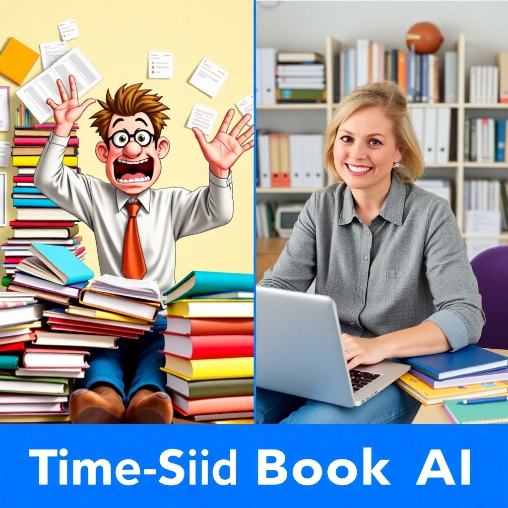 A split-screen image. One side depicts a frazzled teacher surrounded by piles of books and lesson plans. The other side shows the same teacher relaxed and smiling, using Kids Book AI on a laptop, surrounded by neatly organized digital resources. The image highlights the time-saving benefits of the AI tool.