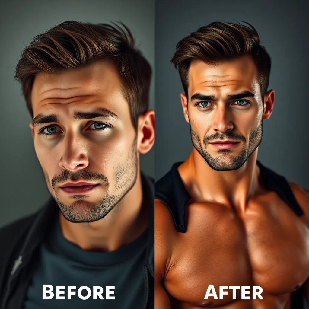 A split-screen image showcasing two versions of a confident man in his 30s.  The 'before' side depicts him looking tired, with low energy and a lackluster physique.  The 'after' side portrays him looking energized, confident, and physically fit, with a strong jawline and a chiseled physique.  The image should be dramatic and impactful, using sharp contrast and vibrant colors to emphasize the transformation.  The 'before' side should have a muted color palette, while the 'after' side should be bright and vibrant. Render in 8K resolution for ultra-realistic detail.
