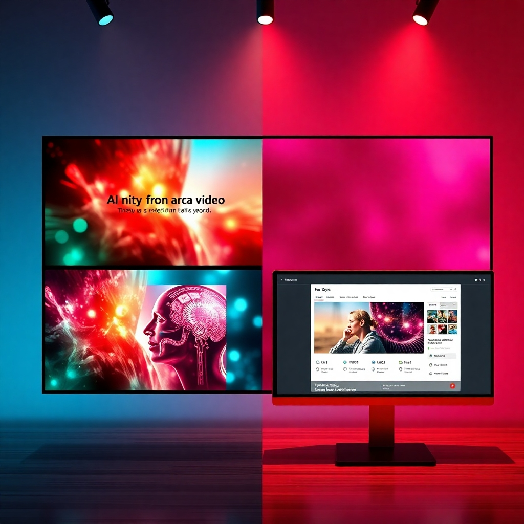 A split-screen image showing three different video creation methods:  one side showcasing AI generating a video from a keyword prompt; another showing video creation from a URL; and the last showing customization of a pre-made template, all on a user-friendly interface.
