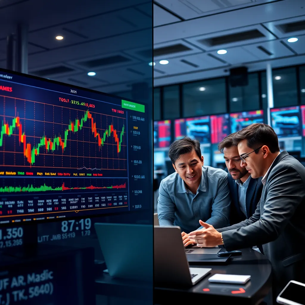 A split-screen image with one side showing a live stock market chart with various indicators and data points, and the other side displaying a group of individuals gathered around a laptop, discussing and analyzing the chart with focused expressions. The background should be a modern trading floor with multiple monitors and technical equipment.