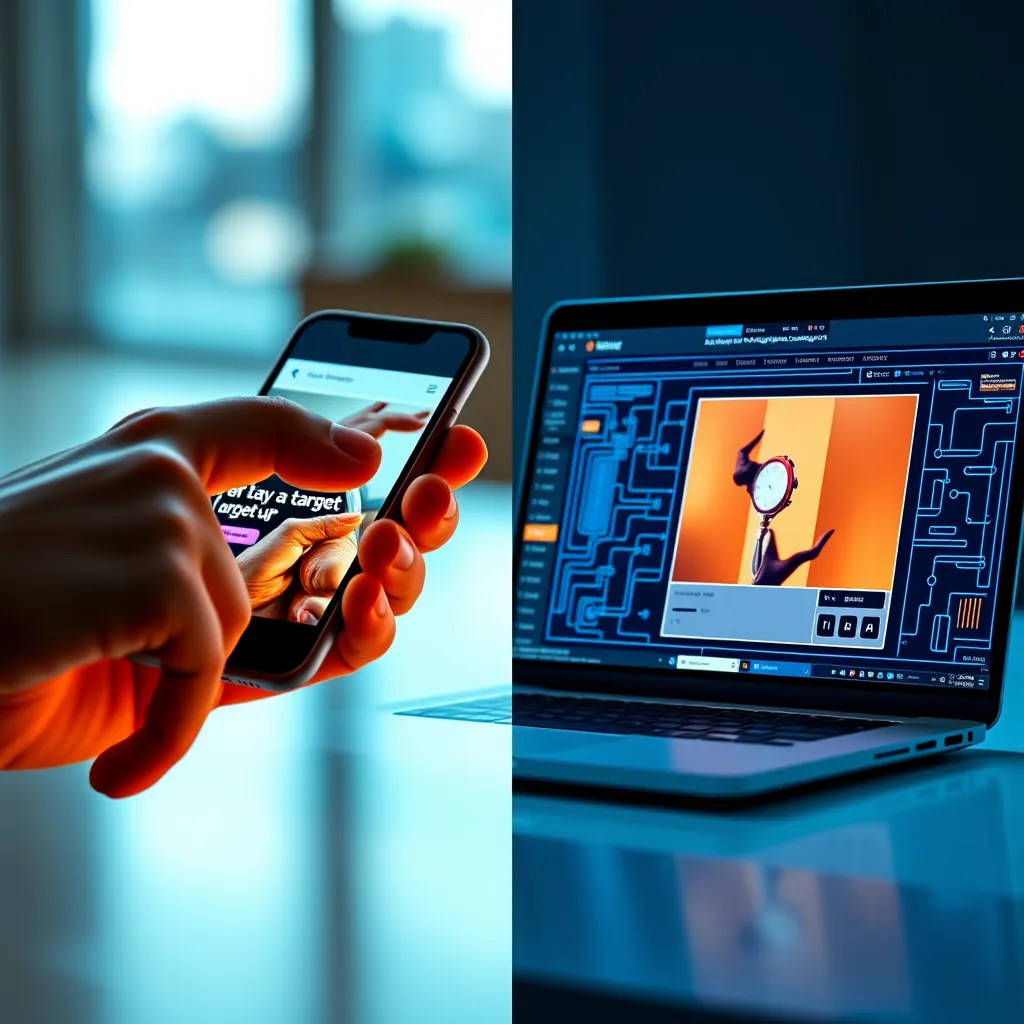 A split-screen image with two sides: Left side - A hand pointing at a phone displaying a captivating ad with a call to action. Right side - A laptop screen showing a targeted retargeting campaign being set up with advanced filters and audience segmentation. The lighting should be bright and clear, illuminating the devices and highlighting the technical aspects of the campaign. The color palette should be modern and sophisticated, using vibrant blues and greens for the tech elements and warm oranges and yellows for the ad. The image should convey a sense of precision and control, highlighting the effectiveness of the retargeting strategy. Render in high resolution with a cinematic style, using shallow depth of field to emphasize the key elements.